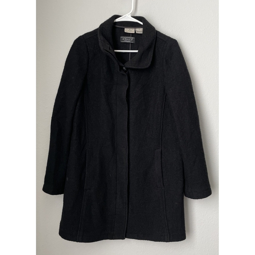 L.L. Bean Pea Coat Womens S Petite 100% Wool Bellandi Black Button Jacket